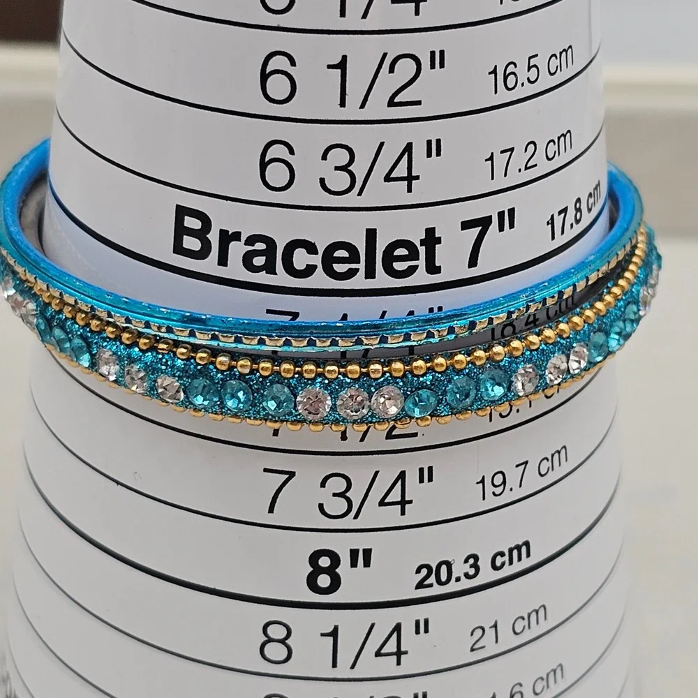 Rhinestone Bangle Bracelet + 1 Accent Bangle 2 Stackable Blue Teal Gold Tone